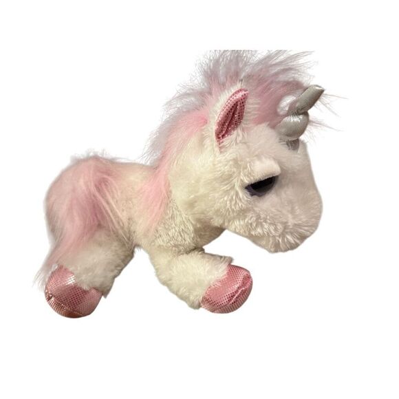 Aurora Unicorn Plush Stuffed Animal Pink White Silver Metallic Feet 10” Long - Picture 4 of 10